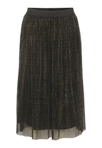 Gonna nera plissettata con filo metallico oro, vita elastica, lunghezza al ginocchio, tessuto leggero, texture uniforme e senza motivi visibili.