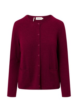 Bordeauxfarbener Cardigan aus weichem Material mit Rundhalsausschnitt, sechs Knöpfen und zwei vorderen Taschen. Einfaches, klassisches Design.