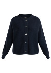 Mørkeblå cardigan med rund halsudskæring, knaplukning foran og lange raglanærmer. Har en blød tekstur med subtile prikker.