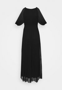 Czarna sukienka maxi z przezroczystymi krótkimi rękawami, okrągłym dekoltem i plisowanym wzorem. Luźny materiał z wieloma warstwami i dopasowaną talią.