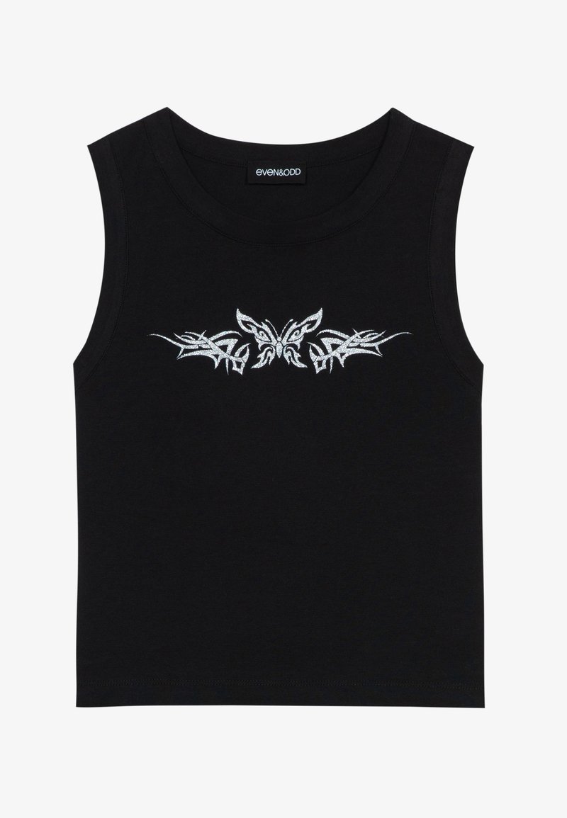 Top senza maniche nero in cotone; presenta un design con farfalla metallica argento e motivo tribale sul petto. Collo rotondo.