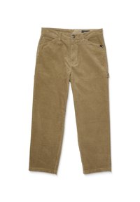 Pantalons en velours côtelé marron avec une coupe droite, dotés de poches latérales, d'une fermeture à glissière et d'une surface texturée.