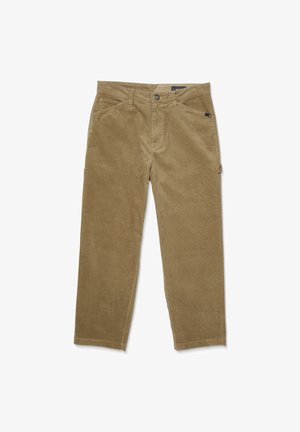 Braune Cord-Hosen mit geradem Bein Design, ausgestattet mit Seitentaschen, einem Reißverschluss und einer strukturierten Oberfläche.