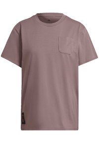 T-shirt z krótkim rękawem, okrągłym dekoltem w kolorze mauve, wykonany z bawełny. Posiada kieszonkę na lewej piersi oraz małą metkę marki na dolnej części.