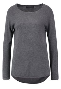 Pull gris à manches longues avec un col rond, texture douce et ourlet cintré. Dispose de manches raglan et d'une coupe décontractée.
