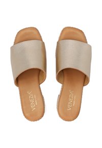 Gold textured slide sandals with a wide strap, open toe, and a smooth tan insole. Flat sole with a simple design. Made in Italy.