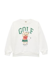 Biała bluza z grafiką misia w stroju golfowym, z zielonym napisem "GOLF" i różowym sercem. Przyjemny, miękki materiał.