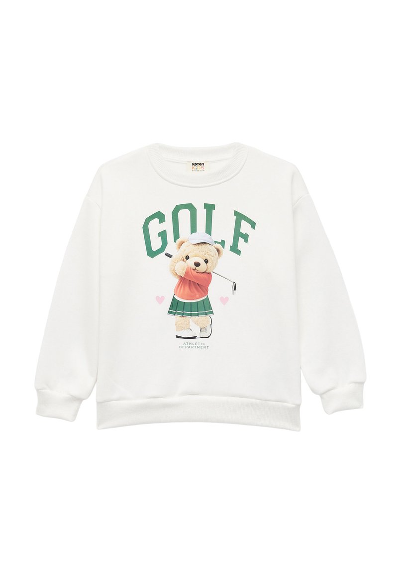 Biała bluza z grafiką misia w stroju golfowym, z zielonym napisem "GOLF" i różowym sercem. Przyjemny, miękki materiał.