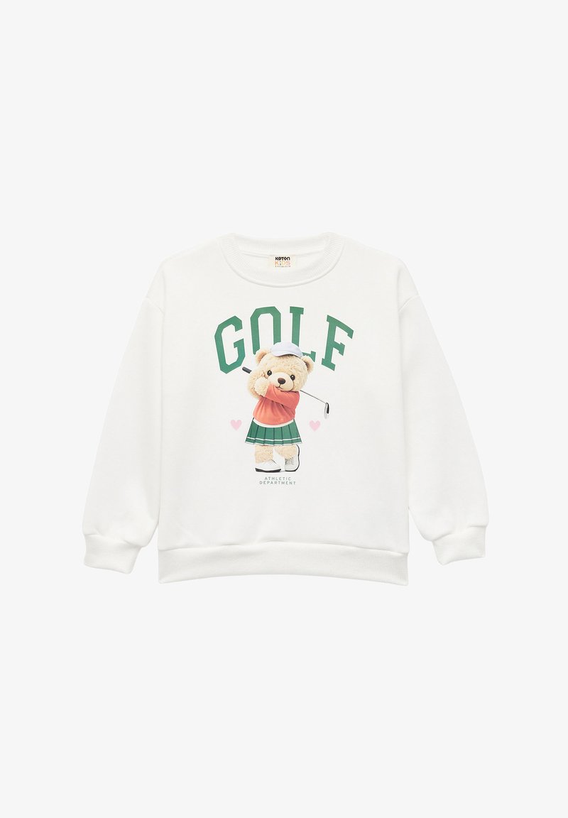 Sudadera blanca con un gráfico de un oso vestido de golf, con el texto verde "GOLF" y un detalle de corazón rosa. Tejido acogedor y suave.