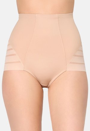 High-waist beige shapewear briefs with sheer striped panels on sides, worn on a person’s lower torso and upper thighs.