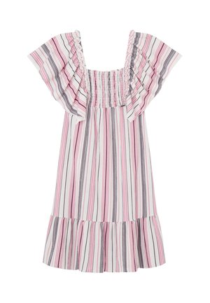 Gestreiftes Kleid mit pinken, weißen und schwarzen vertikalen Linien, gerafftem Oberteil, flatternden Ärmeln und einem Rüschensaum. Leichter Stoff.