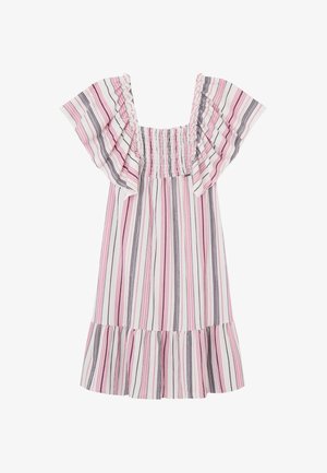 Sukienka w paski z pionowymi różowymi, białymi i czarnymi liniami, marszczonym gorsetem, falbankowymi rękawkami i falbaną na dole. Lekki materiał.