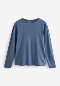 Langärmliges T-Shirt aus weichem blauen Baumwollstoff, mit rundem Ausschnitt und lockerer Passform. Glatte Textur ohne sichtbare Muster oder Verzierungen.