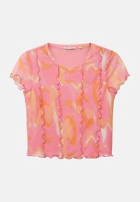 Top rosa transparente con patrones ondulados en naranja y melocotón, mangas con bordes en forma de onda y escote redondo. Tela ligera y fluida.