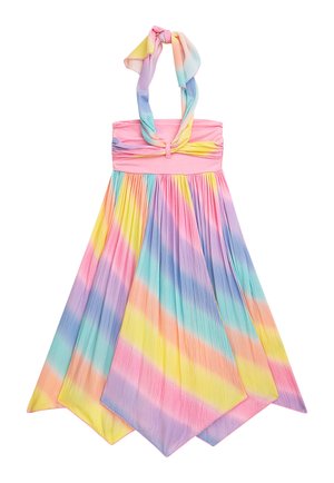Halter-neck dress featuring a pastel gradient pattern with stripes of pink, yellow, blue, and lavender; pleated fabric with a flowing skirt.