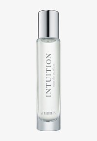 Renteret glasklar flaske med "INTUITION" eau de parfum og en sølvfarvet hætte, der har en minimalistisk tekst i elegant skrifttype. Glat, cylindrisk form.