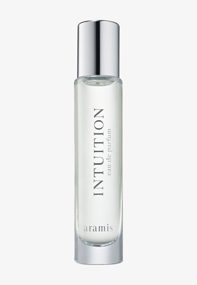 Renteret glasklar flaske med "INTUITION" eau de parfum og en sølvfarvet hætte, der har en minimalistisk tekst i elegant skrifttype. Glat, cylindrisk form.