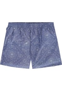 Modré plavky se vzorem, s elastickým pasem, které mají paisley design v různých odstínech modré a bílé.