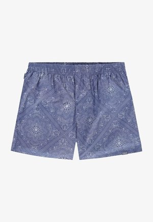 Mėlynos raštuotos maudymosi šortai su elastingu juosmeniu, puikuojantys paisley dizainu įvairių atspalvių mėlyna ir balta spalva.