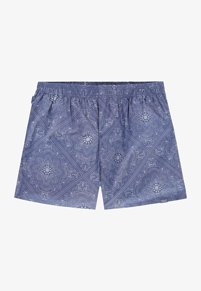 Modré plavkové šortky s elastickým pásom, so vzorom paisley v rôznych odtieňoch modrej a bielej.