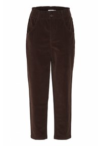 Proste, ciemne brązowe spodnie kordurowe o prostych nogawkach, z przednimi kieszeniami, zapięciem na guzik i szlufkami na pasek, wyeksponowane na białym tle.