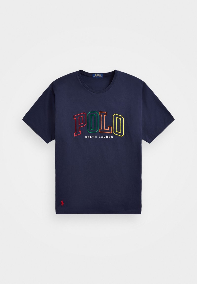 Marineblaues Baumwoll-T-Shirt mit mehrfarbigem, gesticktem "POLO"-Logo und dem Schriftzug "RALPH LAUREN" darunter, mit einem kleinen roten Polo-Pony am Saum.