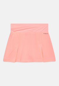 Falda deportiva rosa con una cinturilla ancha, diseño plisado y logo "AEROREADY". Fabricada con un tejido suave y elástico adecuado para ropa de deporte.