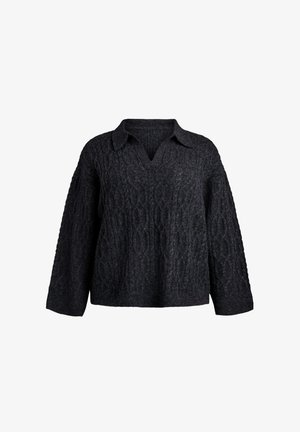 Černý pletený svetr s véčkovým výstřihem a límcem. Obsahuje texturované kabelové vzory a volné dlouhé rukávy. Měkký materiál připomínající vlnu.