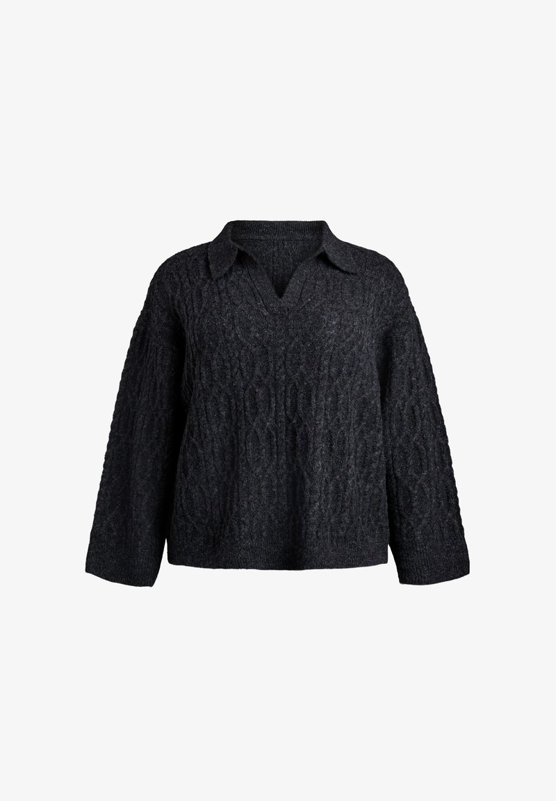 Czarny sweter z dzianiny z dekoltem w kształcie litery V i kołnierzykiem. Posiada teksturowane wzory kabli i luźne, długie rękawy. Wykonany z miękkiego materiału przypominającego wełnę.