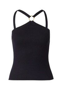 Zwarte geribbelde tanktop met een aansluitend ontwerp, voorzien van een unieke gouden ringaccent aan de achterkant en dunne kruislings gespen.