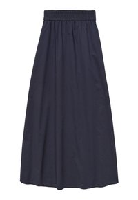 Falda midi de color azul marino con cintura elástica, hecha de tejido ligero. Presenta una silueta fluida y una textura suave.