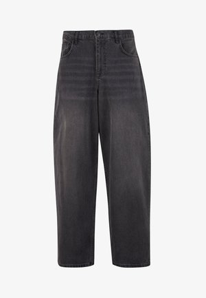 Mustat farkut, korkeavyötäröiset, leveälahkeiset, joissa on etutaskut ja hienovarainen bleaching-käsittely kankaassa. Siisti helma, perinteinen ompelu.