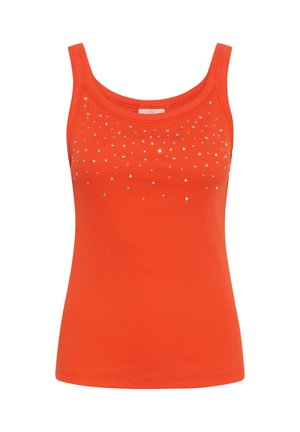 Débardeur orange vif sans manches avec encolure dégagée et petits sequins argentés dispersés sur le haut du devant.