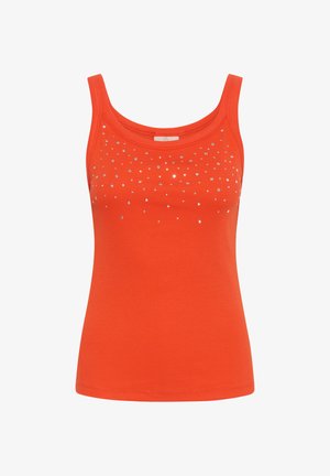 Débardeur orange vif sans manches avec encolure dégagée et petits sequins argentés dispersés sur le haut du devant.