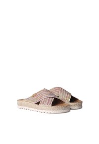 Vävda sandaler med öppen tå, med ett flerfärgat randigt textilöverdrag, jutesula i espadrille-stil och en vit gummisula.