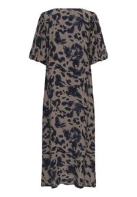 Rochie maxi dintr-un material ușor, cu un fundal bej și modele abstracte albastre închise, cu mâneci scurte tip puff și o siluetă lejeră.