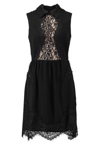 Robe noire sans manches avec des détails en dentelle, présentant un col, des panneaux en dentelle transparente et un ourlet en dentelle à bords festonnés. Silhouette fluide.