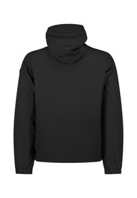 Zwarte lichtgewicht jas met een capuchon, elastische manchetten en een gladde textuur. Eenvoudig, onbezet ontwerp zonder zichtbare logo's of prints.