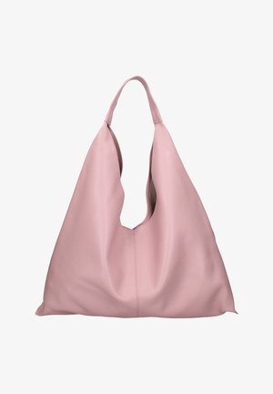 Sac à bandoulière en cuir rose doux avec une seule sangle large et une forme souple et non structurée.