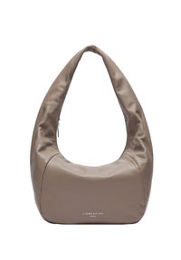 Torebka hobo w miękkiej skórze w odcieniu taupe o strukturalnym kształcie. Posiada wyraźne logo na dole oraz gładką, nieozdobioną powierzchnię.