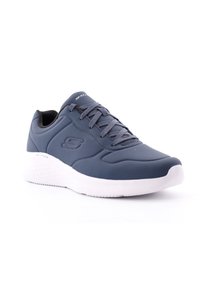 Scarpa da atletica blu navy con tomaia liscia in materiale sintetico, suola intermedia bianca e lacci grigi. Presenta un design sagomato e una suola testurizzata.