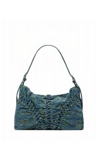 Sac à main en tissu bleu texturé avec un motif vert, présentant un design distinctif à lacets et une seule bandoulière.