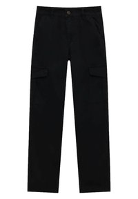 Pantalons cargo noirs à jambe droite avec poches à rabat sur les côtés, poches avant, passants de ceinture et fermeture à bouton à la taille.