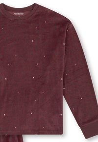 Bordeaux lange mouwen shirt van zachte stof met kleine sterpatronen in wit, groen en roze. Bevat een ronde hals en geribde manchetten.