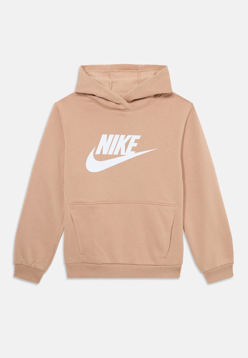 Sweatshirt bege feito de tecido macio com um grande logotipo branco da Nike na frente. Apresenta um bolso canguru e punhos e barra em malha canelada.