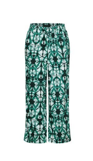 Pantaloni verdi e bianchi con una vestibilità rilassata, vita elastica e cordoncino. Il tessuto presenta un design geometrico astratto.