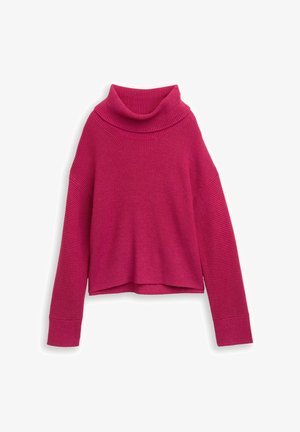 Pull col roulé magenta avec texture côtelée, épaules tombantes et manches longues. Il présente un ourlet court et un tissu en tricot épais.