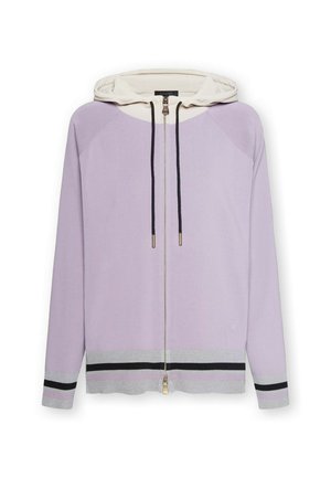 Lavendelfarbener Kapuzenpullover mit Reißverschluss, cremefarbener Kapuze, schwarzen Kordeln und grauen gerippten Bündchen mit schwarzen und pinken Streifen.