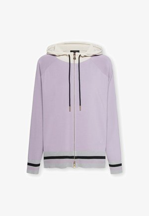 Fioletowa bluza z kapturem na zamek, z kremowym kapturem, czarnymi troczkami i szarymi ściągaczami w paski czarno-różowe.