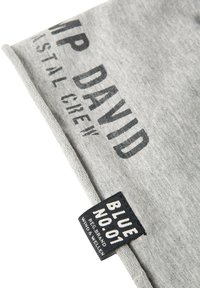 Gray fabric with black text "VIP DAVID DYSTAL CREW" and a black label reading "BLUE NO.01 REG. BRAND WIND & WELLEN" sewn on edge.